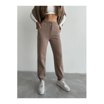 3 iplik şardonlu paça lastikli eşofman vizon is001