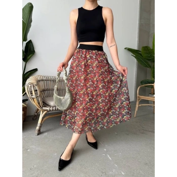 Baskılı astarlı uzun etek