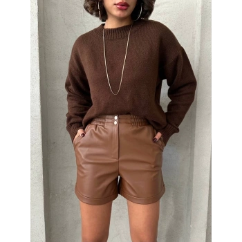 Beli lastikli çıtçıtlı deri şort kahve w241007