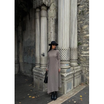 Boğazlı kalın bürümcük uzun elbise vizon