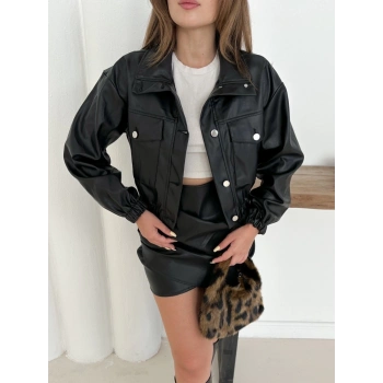 Crop bomber deri ceket siyah st2551985