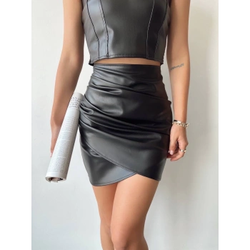 Drapeli deri etek siyah w26771