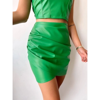 Drapeli deri etek yeşil s24771