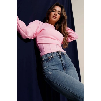 Fitilli Bisiklet Yaka İkili Bluz Pembe T4341