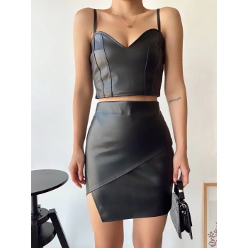 Kapaklı asimetrik model deri etek siyah s240106