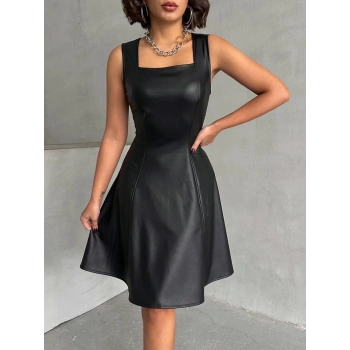 Kare yaka deri elbise siyah h24442