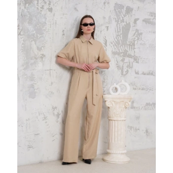 Kuşaklı gömlek yaka salaş tulum bej s255822