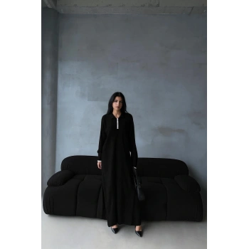 Pantolon yırtmaçlı elbise ikili triko takım siyah elf