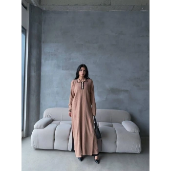 Pantolon yırtmaçlı elbise ikili triko takım vizon elf