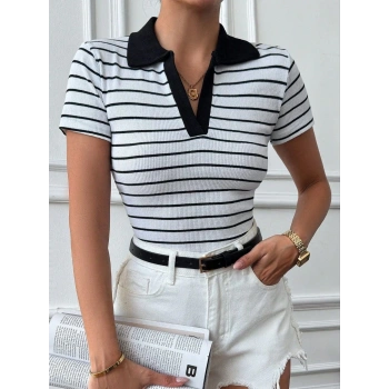 Polo yaka garnili bluz Beyazsiyah