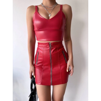 Üç fermuarlı deri etek bordo s24510