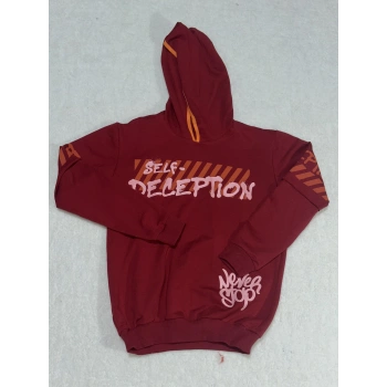 14 yaş erkek çocuk kapşonlu baskılı kol ek detaylı sweatshirt bordo