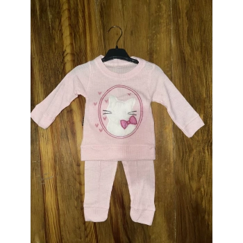 3-12 aylık kedi desen işlemeli takım pembe