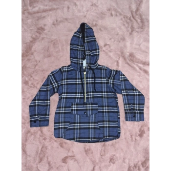 5-10 yaş ekoseli yarım fermuarlı kanguru cep kapşonlu ceket mavi