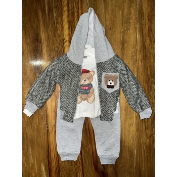 6-24 aylık ceketli kapşonlu üçlü takım gribeyaz