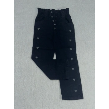 9 yaş kız çocuk beş düğmeli kalp işlemeli jeans pantolon siyah