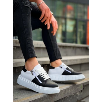 KB-X155 Kuback Siyah Cilt Beyaz Cilt Detaylı Beyaz Yüksek Taban Günlük Spor Ayakkabı