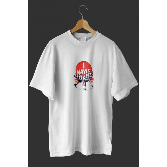 1 Mayıs Emek ve Dayanışma Günü Baskılı Oversize Bisiklet Yaka T-shirt - Beyaz