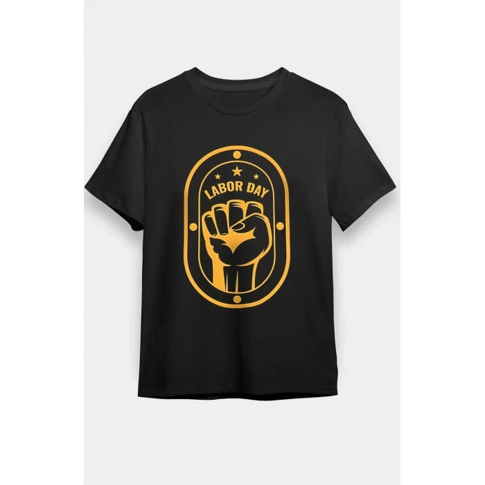 1 Mayıs Labor Day Emekçi Temalı Baskılı Oversize Bisiklet Yaka T-shirt - Siyah