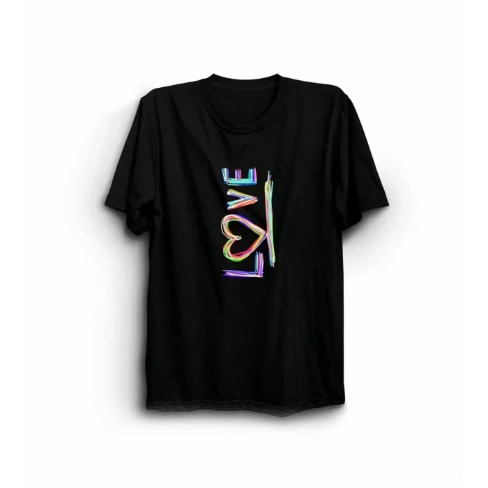 14 Şubat Sevgililer Günü Love Baskılı Oversize Bisiklet Yaka T-shirt - Siyah
