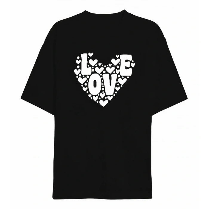 14 Şubat Sevgililer Günü Love Kalp Baskılı Oversize Bisiklet Yaka T-shirt - Siyah