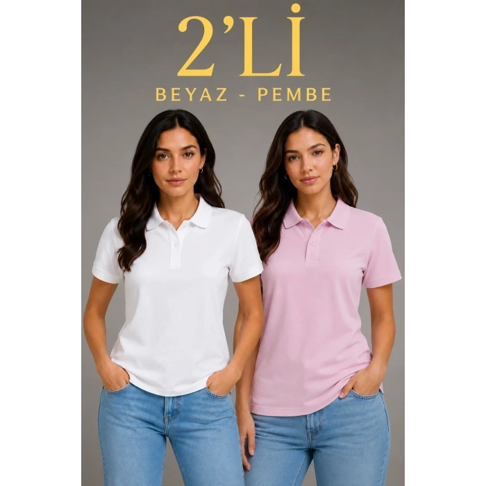 2li Kadın Polo Yaka Pike Kumaş Düğmeli Basic Tişört Günlük Rahat Kesim - Beyaz, Pembe