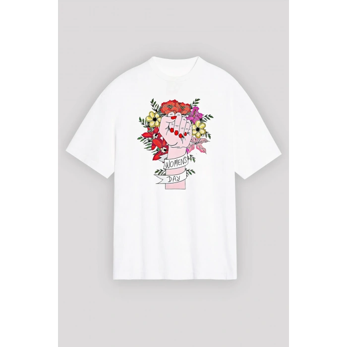 8 Mart Dünya Kadınlar Günü Baskılı Oversize Bisiklet Yaka T-shirt - Beyaz