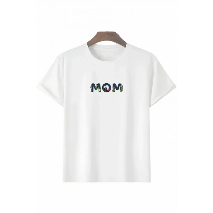 Anneler Günü Hediye Mom Çiçek Baskılı Oversize Bisiklet Yaka T-shirt - Beyaz