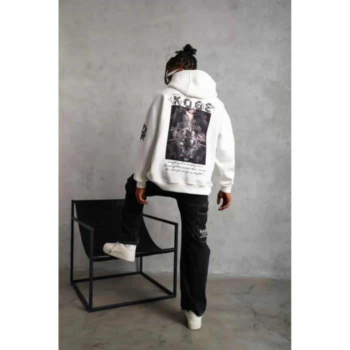 BErkek 3 İplik Pamuklu Kapüşonlu Baskılı Cepli Oversize Sweatshirt Hoodie - eyaz