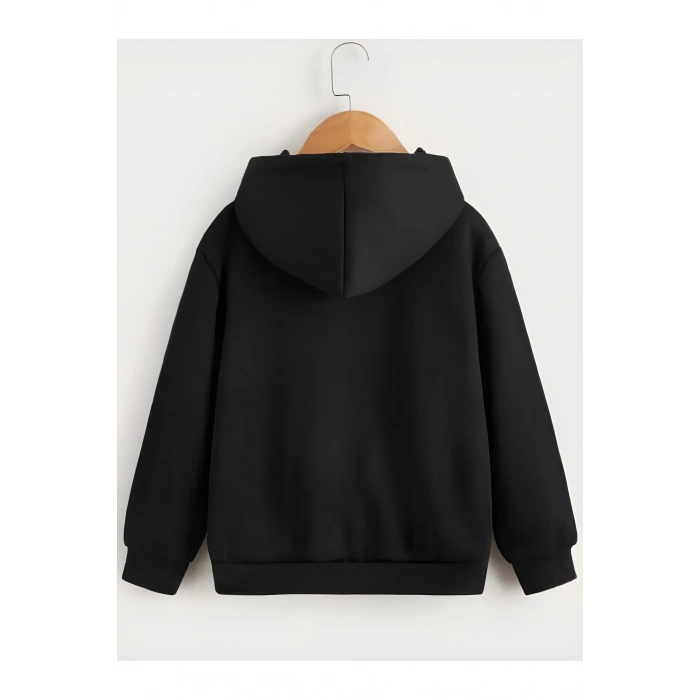 Çocuk Unisex Kapüşonlu Tatlı Kedi Baskılı Sweatshirt - Siyah