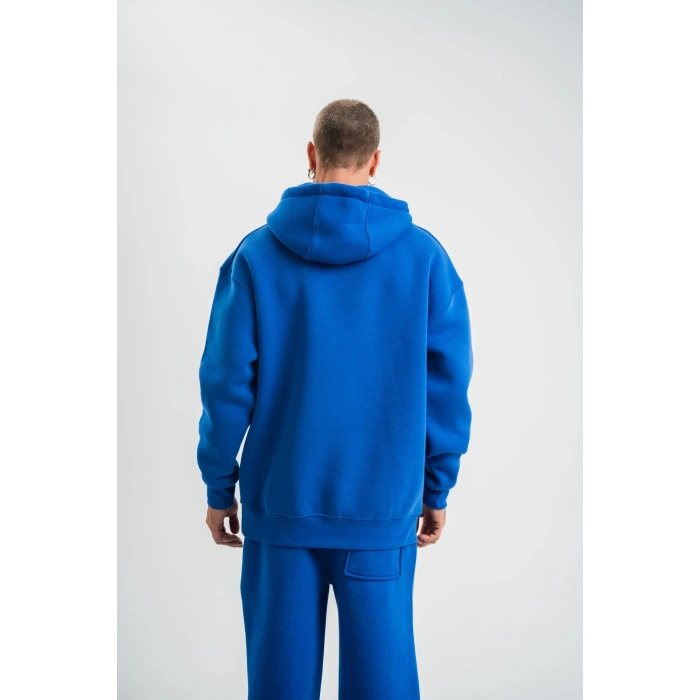 ERKEK 3 İplik Oversize Kapşonlu Basic SweatShirt Hoodie - Mavi