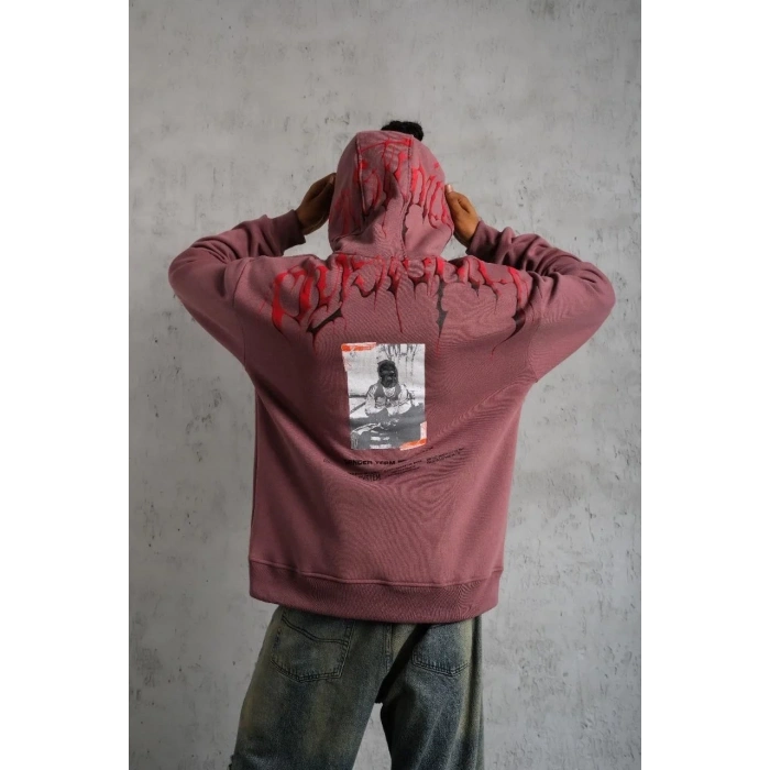 Erkek 3 İplik Pamuklu Baskılı Kapüşonlu Cepli Sweatshirt Hoodie - Gül Kurusu