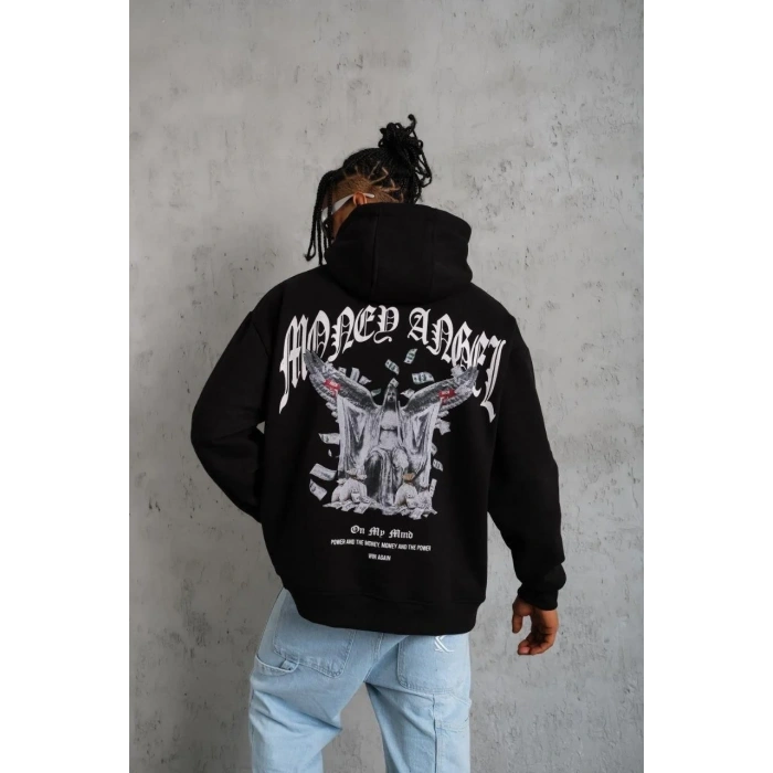 Erkek 3 İplik Pamuklu Baskılı Kapüşonlu Cepli Sweatshirt Hoodie - Siyah