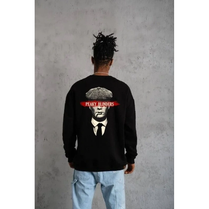 ERKEK 3 İplik Pamuklu Bisiklet Yaka Baskılı Oversize Sweatshirt - Siyah