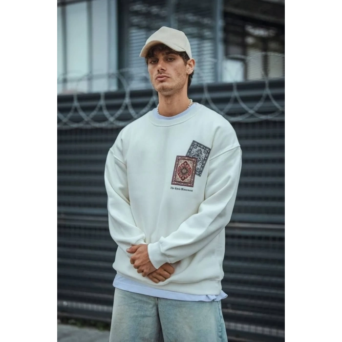 Erkek 3 iplik pamuklu Bisiklet Yaka Baskılı SweatShirt - Beyaz