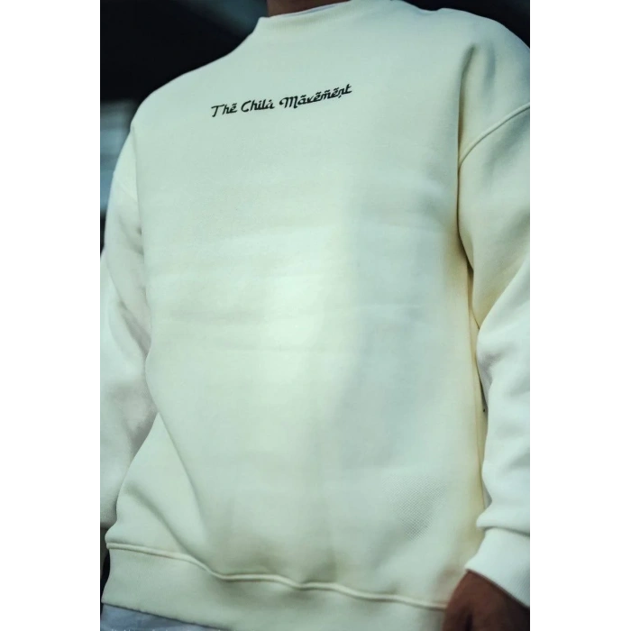 Erkek 3 iplik Pamuklu Bisiklet Yaka Baskılı SweatShirt - Beyaz