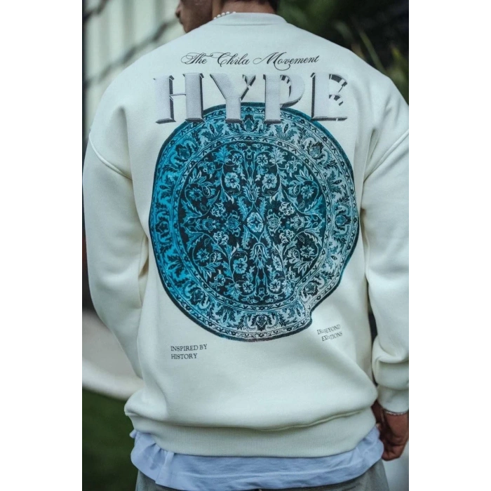 Erkek 3 İplik Pamuklu Bisiklet Yaka Baskılı SweatShirt - Beyaz