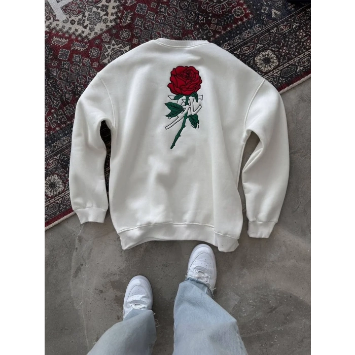 ERKEK 3 iplik Pamuklu Bisiklet Yaka Ön Ve Arka Baskılı SweatShirt -  Beyaz