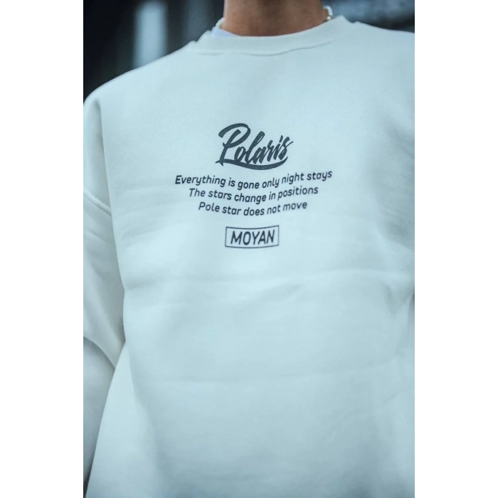 Erkek 3 iplik pamuklu Bisiklet Yaka Ön Ve Arka Baskılı SweatShirt - Beyaz