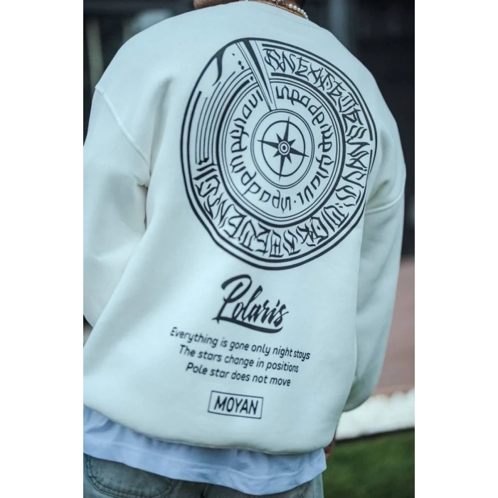 Erkek 3 iplik pamuklu Bisiklet Yaka Ön Ve Arka Baskılı SweatShirt - Beyaz