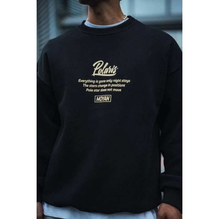 Erkek 3 iplik pamuklu Bisiklet Yaka Ön Ve Arka Baskılı SweatShirt - Siyah