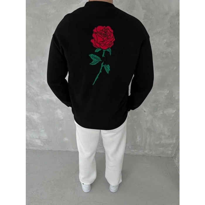 ERKEK 3 iplik Pamuklu Bisiklet Yaka Ön Ve Arka Baskılı SweatShirt - Siyah