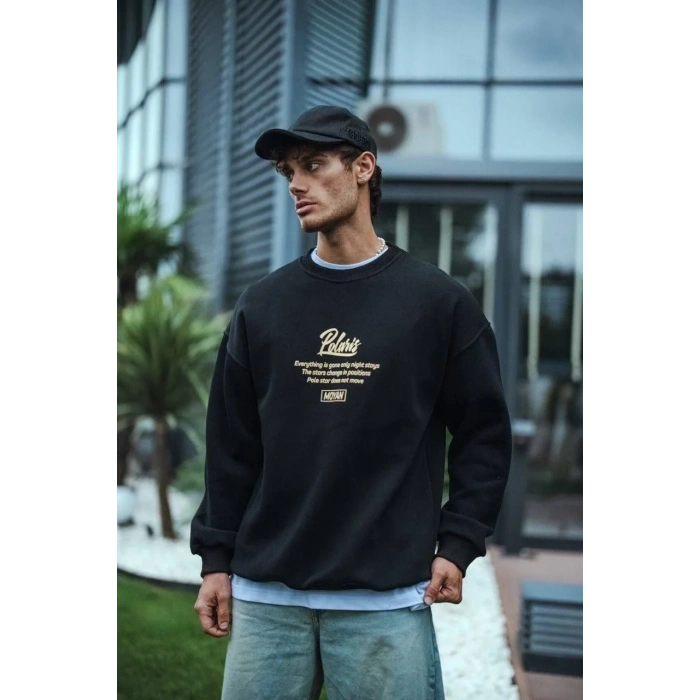 Erkek 3 iplik pamuklu Bisiklet Yaka Ön Ve Arka Baskılı SweatShirt - Siyah