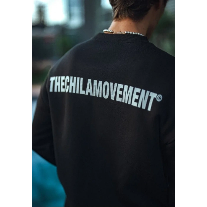 Erkek 3 iplik Pamuklu Bisiklet Yaka Oversize Baskılı SweatShirt - Siyah