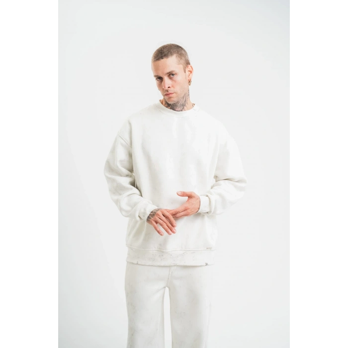 ERKEK 3 İplik Pamuklu Bisiklet Yaka Yıkamalı SweatShirt - Beyaz