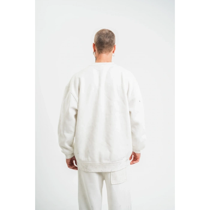 ERKEK 3 İplik Pamuklu Bisiklet Yaka Yıkamalı SweatShirt - Beyaz