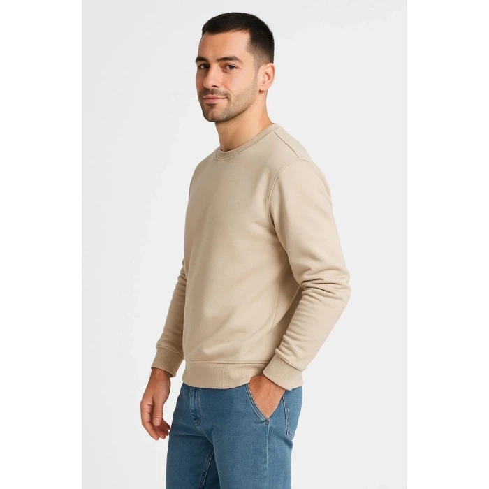 Erkek 3 İplik Pamuklu Düz Bisiklet Yaka SweatShirt - Bej