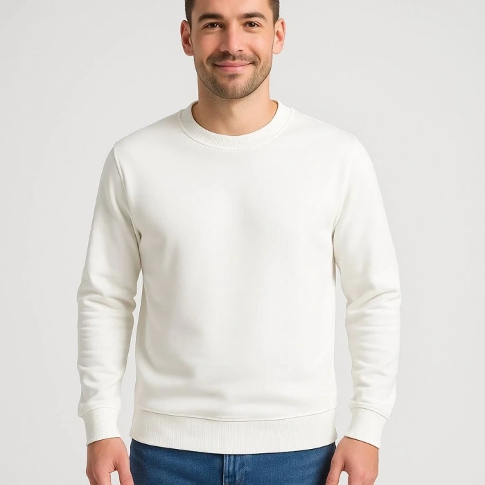 Erkek 3 İplik Pamuklu Düz Bisiklet Yaka SweatShirt - Beyaz