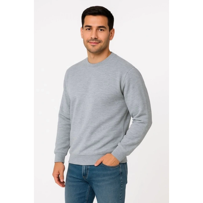 Erkek 3 İplik Pamuklu Düz Bisiklet Yaka SweatShirt - Gri