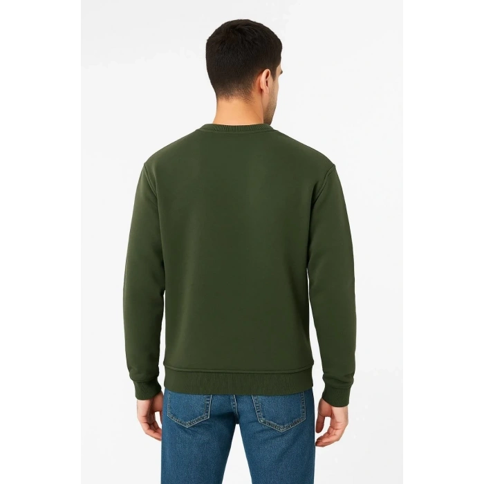 Erkek 3 İplik Pamuklu Düz Bisiklet Yaka SweatShirt - Haki